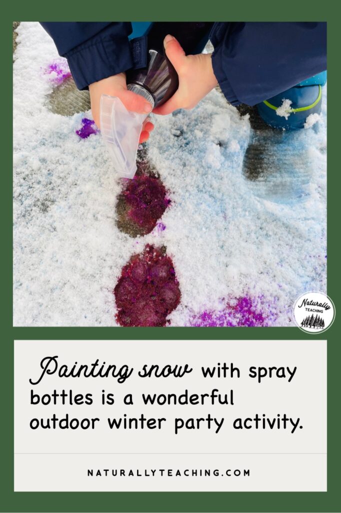 Put water and liquid watercolor (or extracted marker color) into spray bottles or squirt bottles to spray paint the snow.
