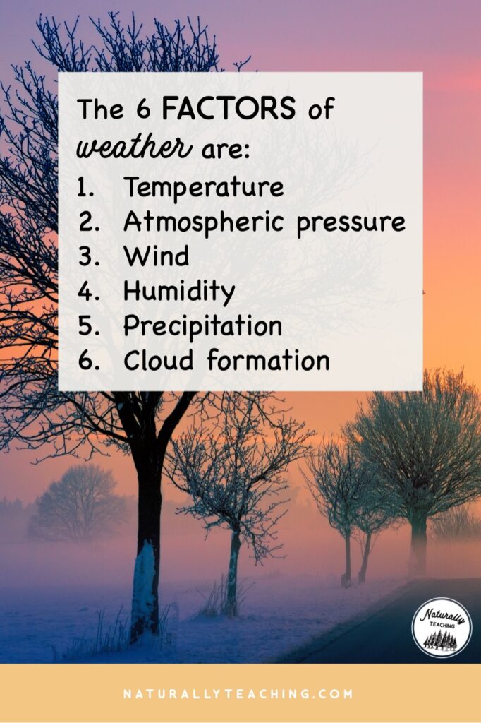 Weather is made by six factors including temperature, atmospheric pressure, wind, humidity, precipitation, and cloud formation