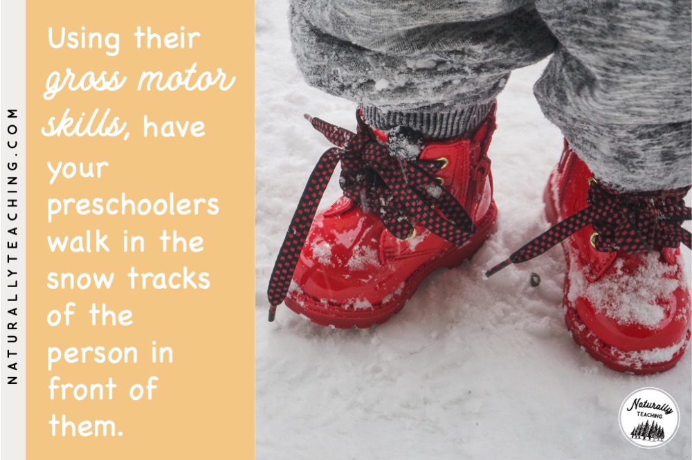 The Snowy Day activities for preschool can help develop the gross motor skills of your preschoolers with a modified game of follow the leader.