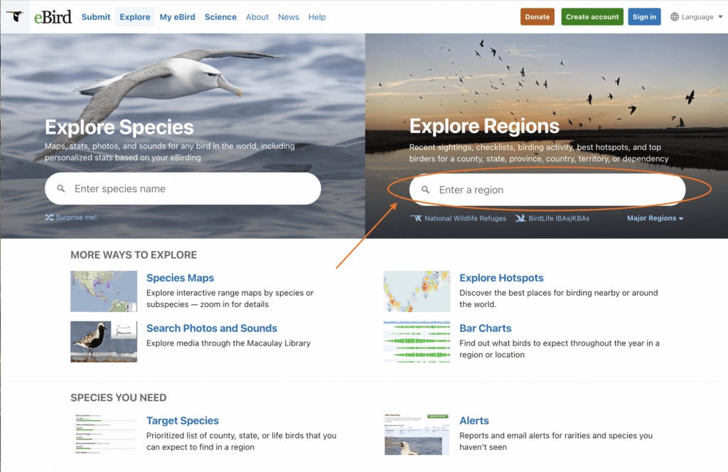 By going to the eBird explore page you can enter your region to get a local bird checklist