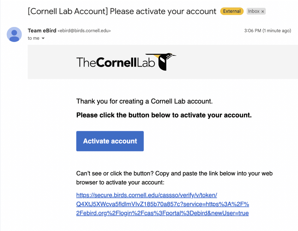 The Cornell Lab runs eBird and will send you a link to activate your eBird account after you create one