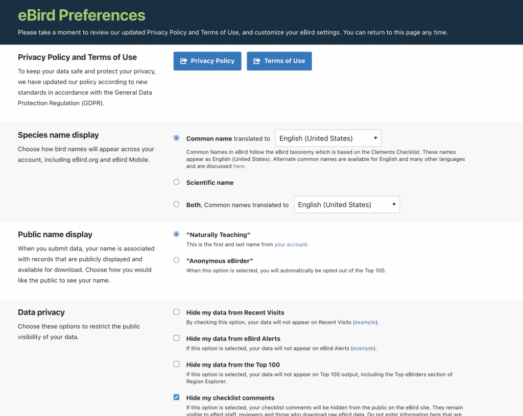 After you have activated your eBird account you need to select your eBird preferences and save and submit them.