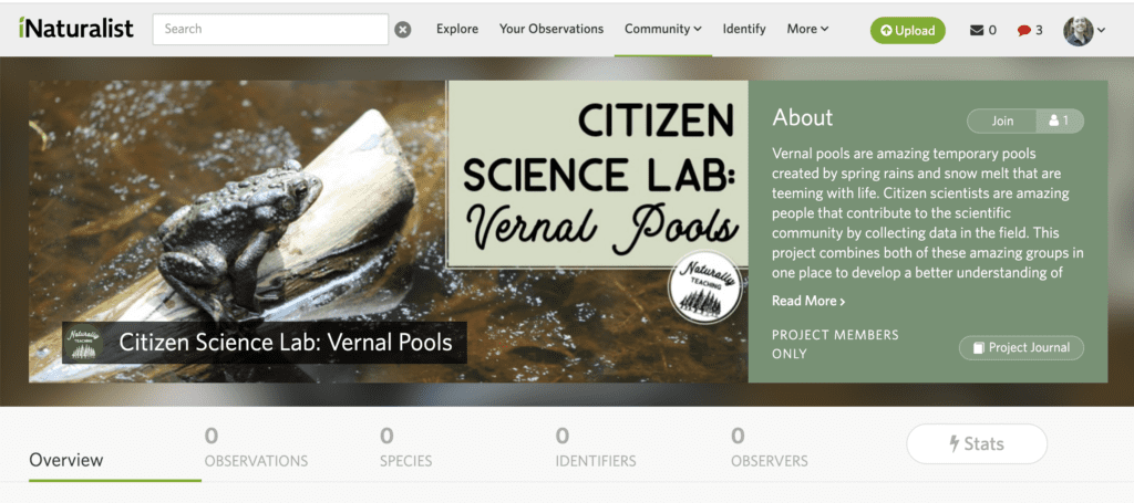iNaturalist banner for the Citizen Science Lab: Vernal Pools hosted by Naturally Teaching