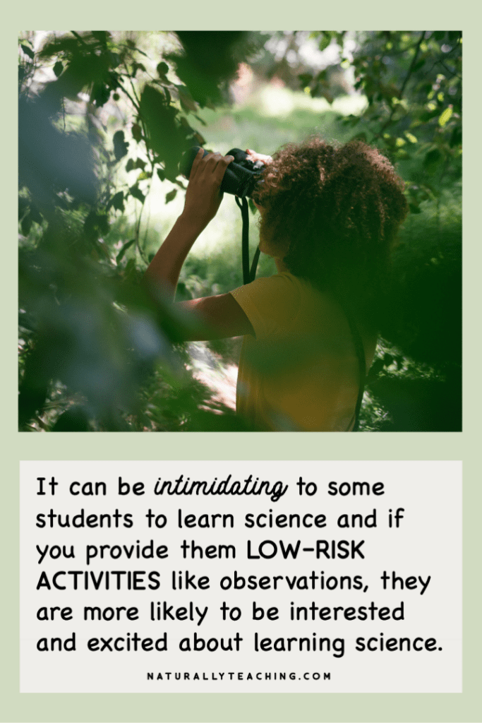 Children enjoy watching things like this girl using binoculars, so science activities for elementary students like observations are an easy and natural way to help students to begin developing their scientific skills.